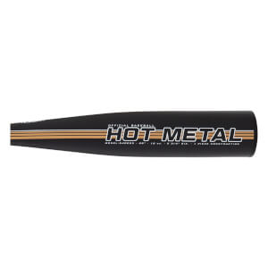 Side view of a black baseball bat barrel with gold HOT METAL text, white outline, and three thin gold stripes.
