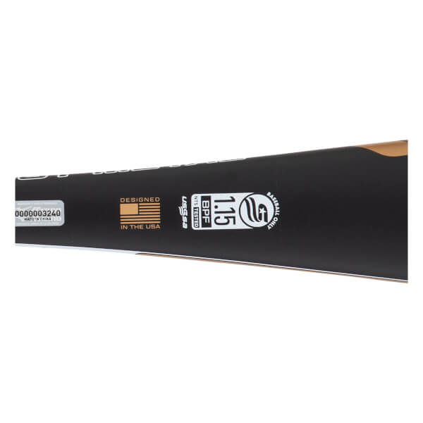 Close-up side view of a black baseball bat barrel with USSSA 1.15 BPF stamp, DESIGNED IN THE USA text, and a gold accent.