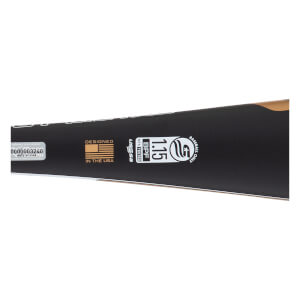 Close-up side view of a black baseball bat barrel with USSSA 1.15 BPF stamp, DESIGNED IN THE USA text, and a gold accent.