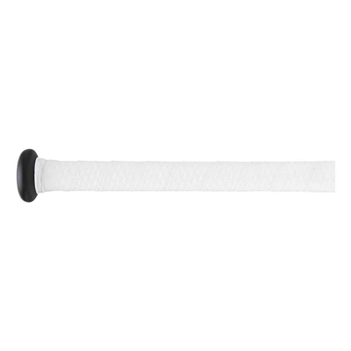 Side view of a white baseball bat grip with a black knob and textured diamond pattern.