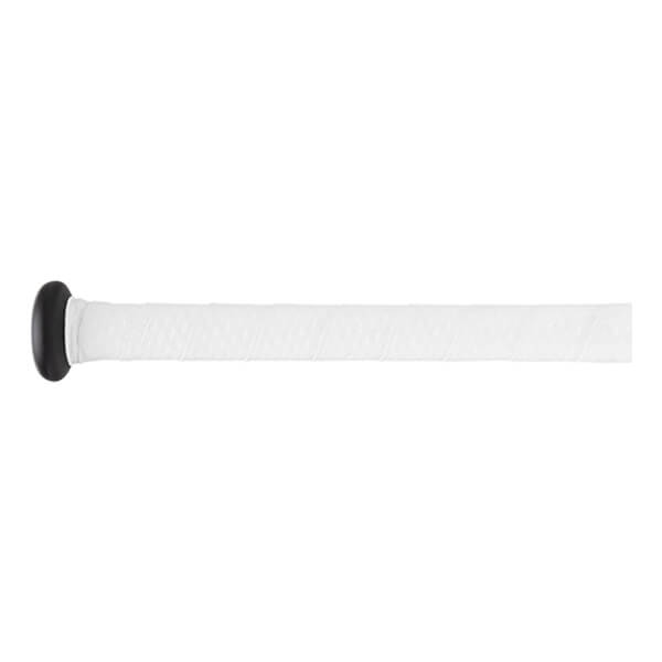 Side view of a white baseball bat grip with a black knob and textured diamond pattern.