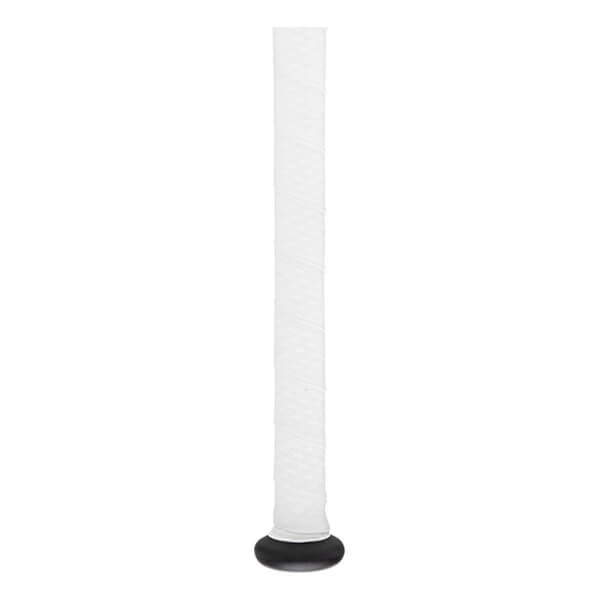 Close-up of a white baseball bat grip with a textured wrap and a black rounded knob.