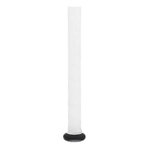 Close-up of a white baseball bat grip with a textured wrap and a black rounded knob.