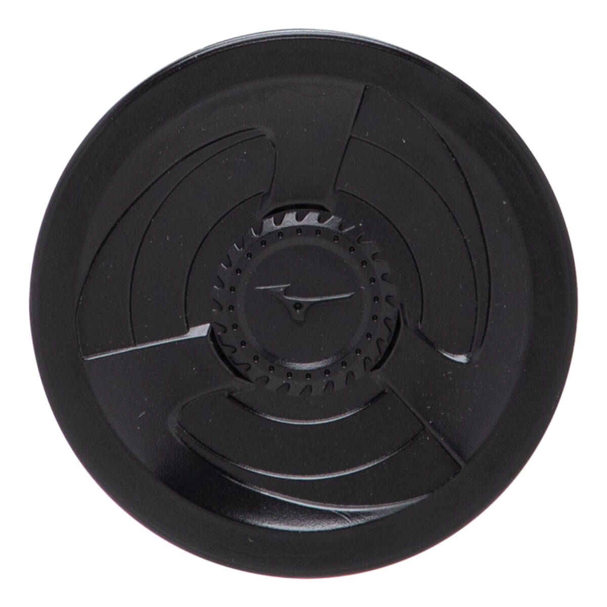 Top-down view of a black baseball bat end cap with an embossed Mizuno logo and concentric circular patterns.