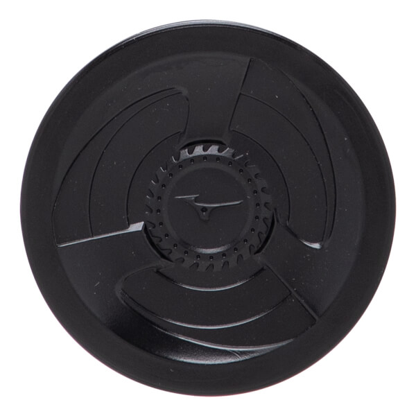 Top-down view of a black baseball bat end cap with an embossed Mizuno logo and concentric circular patterns.