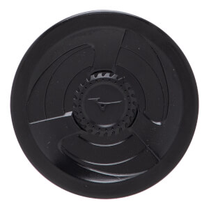 Top-down view of a black baseball bat end cap with an embossed Mizuno logo and concentric circular patterns.