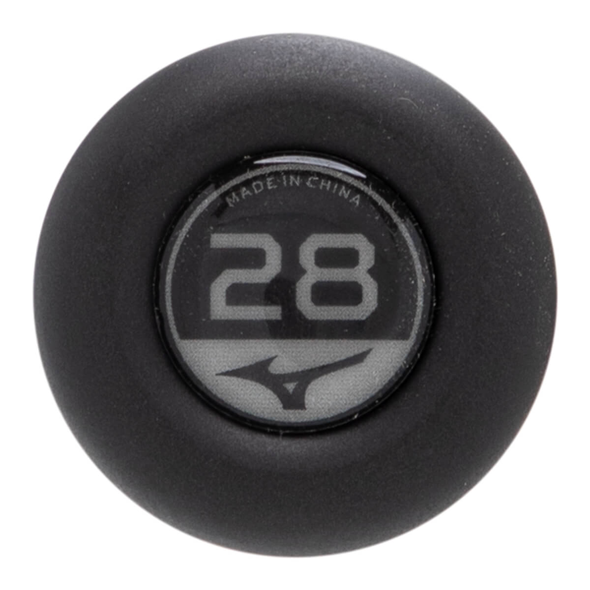 Top-down view of a black baseball bat end cap with a circular insert showing 28, Mizuno logo, and MADE IN CHINA.