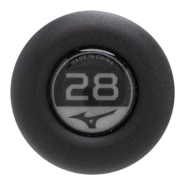 Top-down view of a black baseball bat end cap with a circular insert showing 28, Mizuno logo, and MADE IN CHINA.