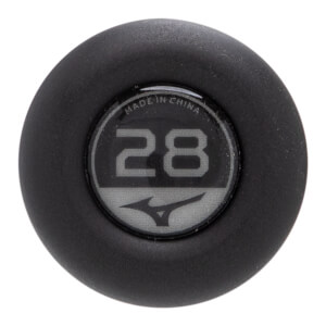 Top-down view of a black baseball bat end cap with a circular insert showing 28, Mizuno logo, and MADE IN CHINA.
