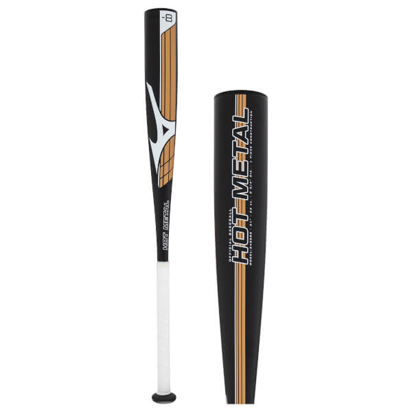 Front view of a black baseball bat with white handle, gold accents, and a close-up of its HOT METAL barrel.