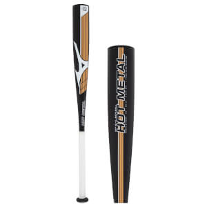 Front view of a black baseball bat with white handle, gold accents, and a close-up of its HOT METAL barrel.