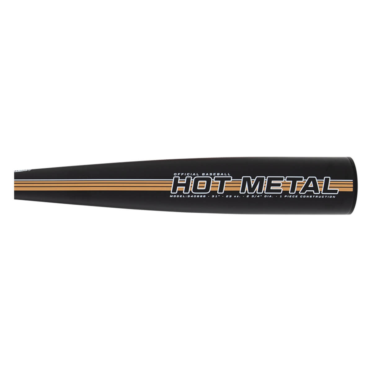 Side view of a black baseball bat barrel with HOT METAL in gold lettering, three gold stripes, and product specifications.