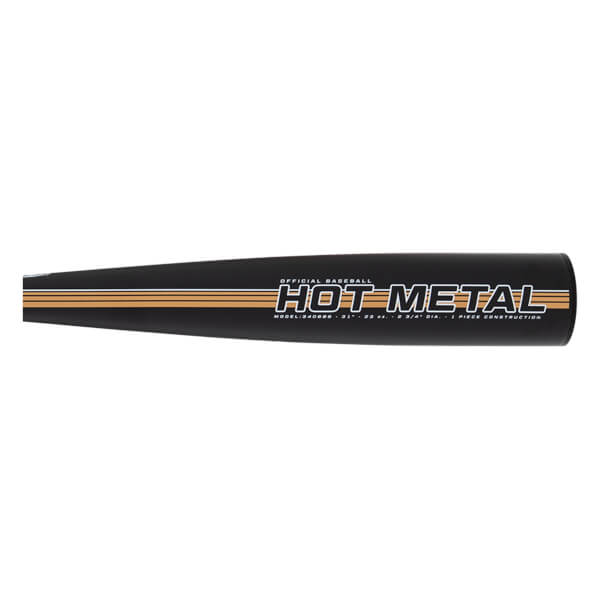 Side view of a black baseball bat barrel with HOT METAL in gold lettering, three gold stripes, and product specifications.