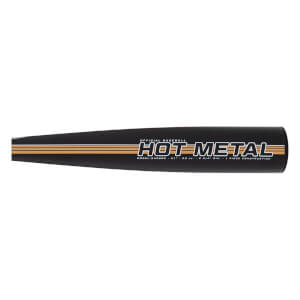 Side view of a black baseball bat barrel with HOT METAL in gold lettering, three gold stripes, and product specifications.