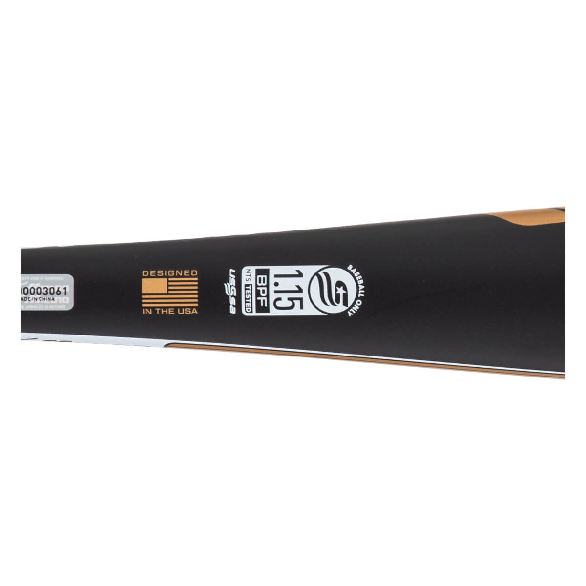 Close-up of a black baseball bats barrel with DESIGNED IN THE USA flag and USSSA 1.15 BPF certification.
