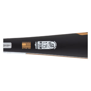 Close-up of a black baseball bats barrel with DESIGNED IN THE USA flag and USSSA 1.15 BPF certification.