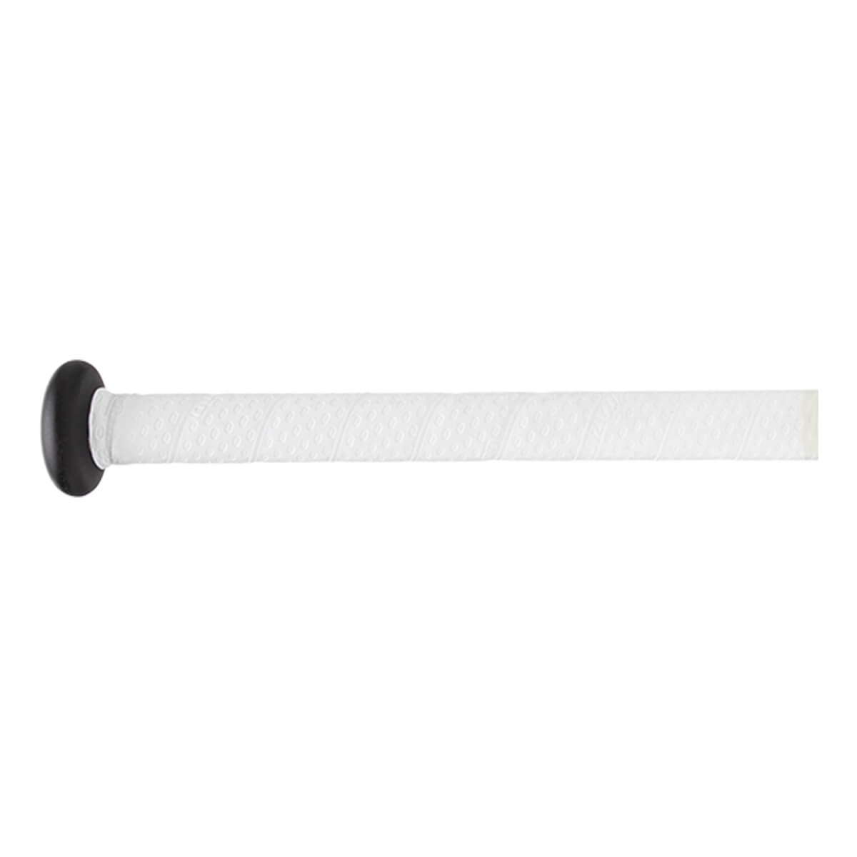 Side view of a white baseball bat grip with a black knob and textured diamond pattern.