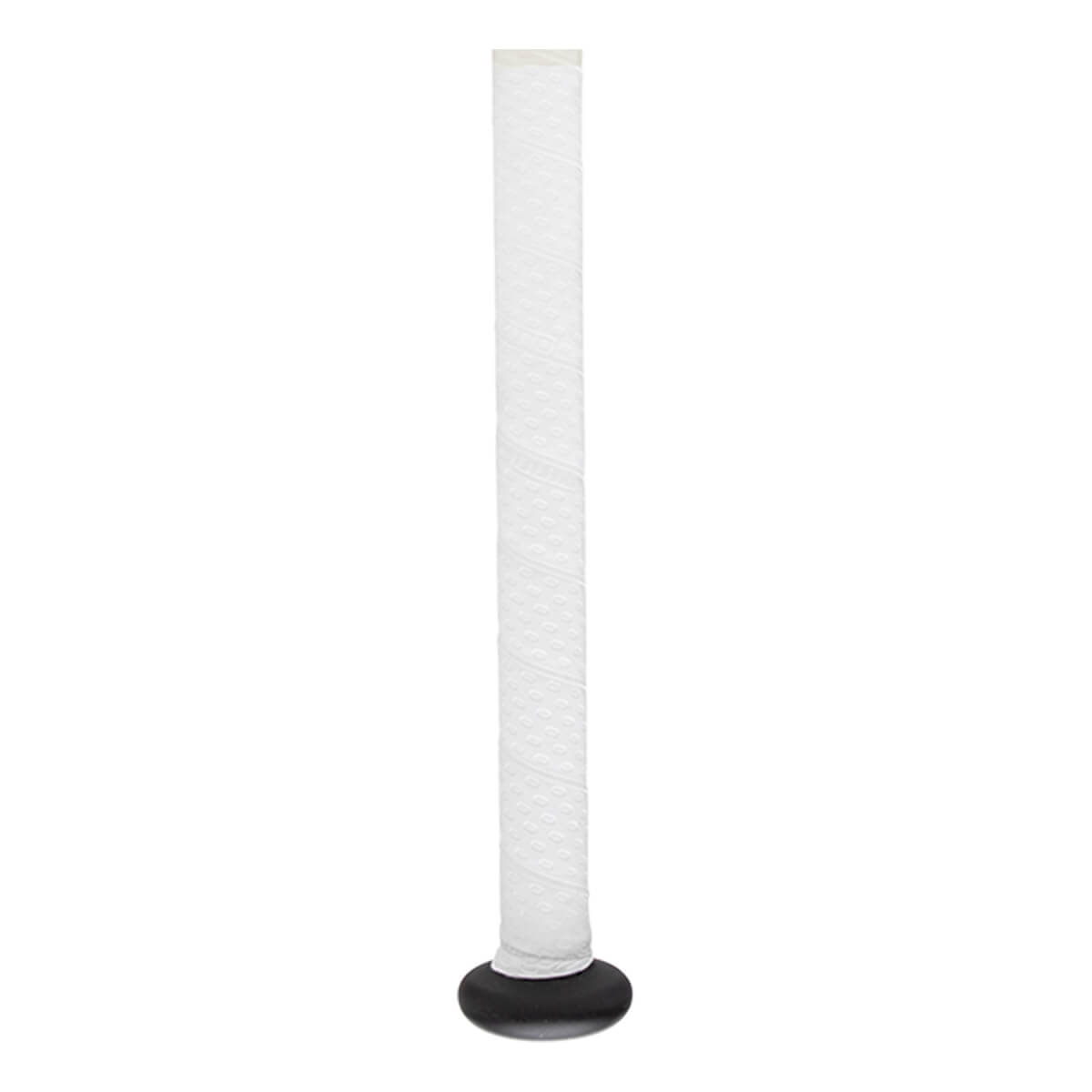 Close-up of a white baseball bat handle with textured grip tape and a black knob.