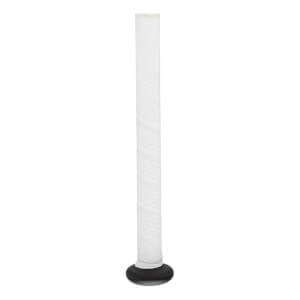 Close-up of a white baseball bat handle with textured grip tape and a black knob.