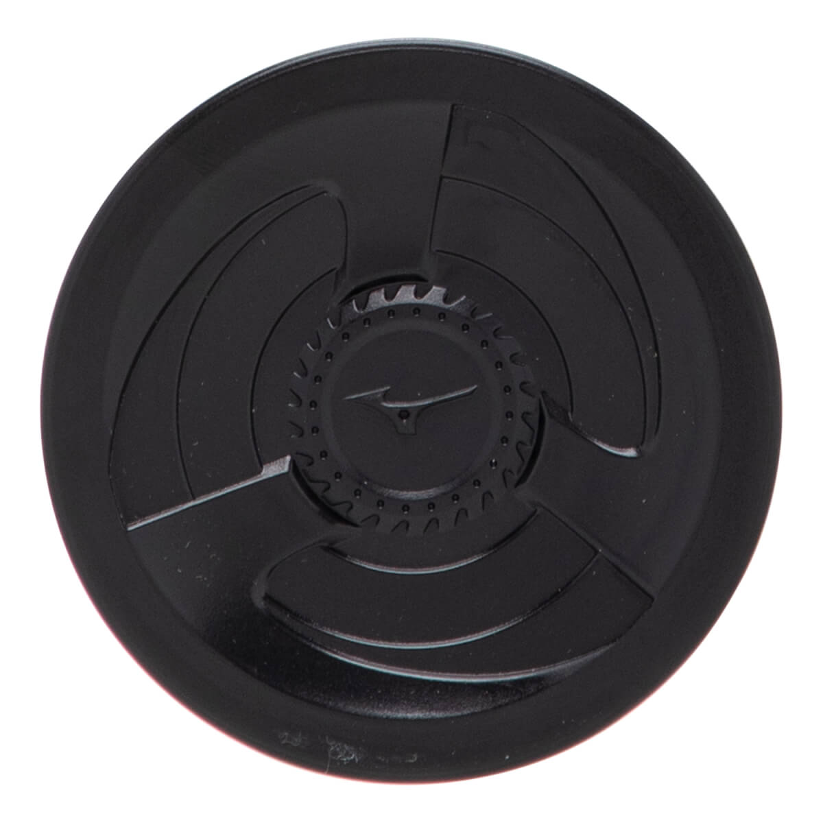 Close-up of black bat end cap with a central Mizuno logo, textured ring, and three radiating raised sections.