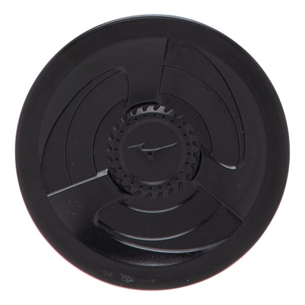 Close-up of black bat end cap with a central Mizuno logo, textured ring, and three radiating raised sections.