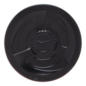 Close-up of black bat end cap with a central Mizuno logo, textured ring, and three radiating raised sections.