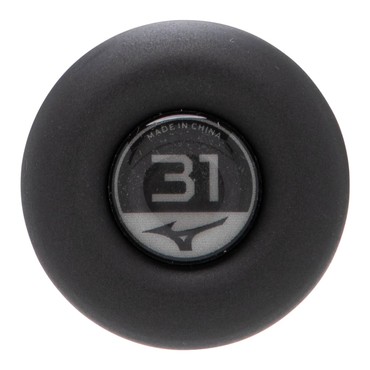Top-down close-up of a black baseball bat end cap with a circular insert showing 31, Mizuno logo, and MADE IN CHINA.