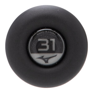 Top-down close-up of a black baseball bat end cap with a circular insert showing 31, Mizuno logo, and MADE IN CHINA.
