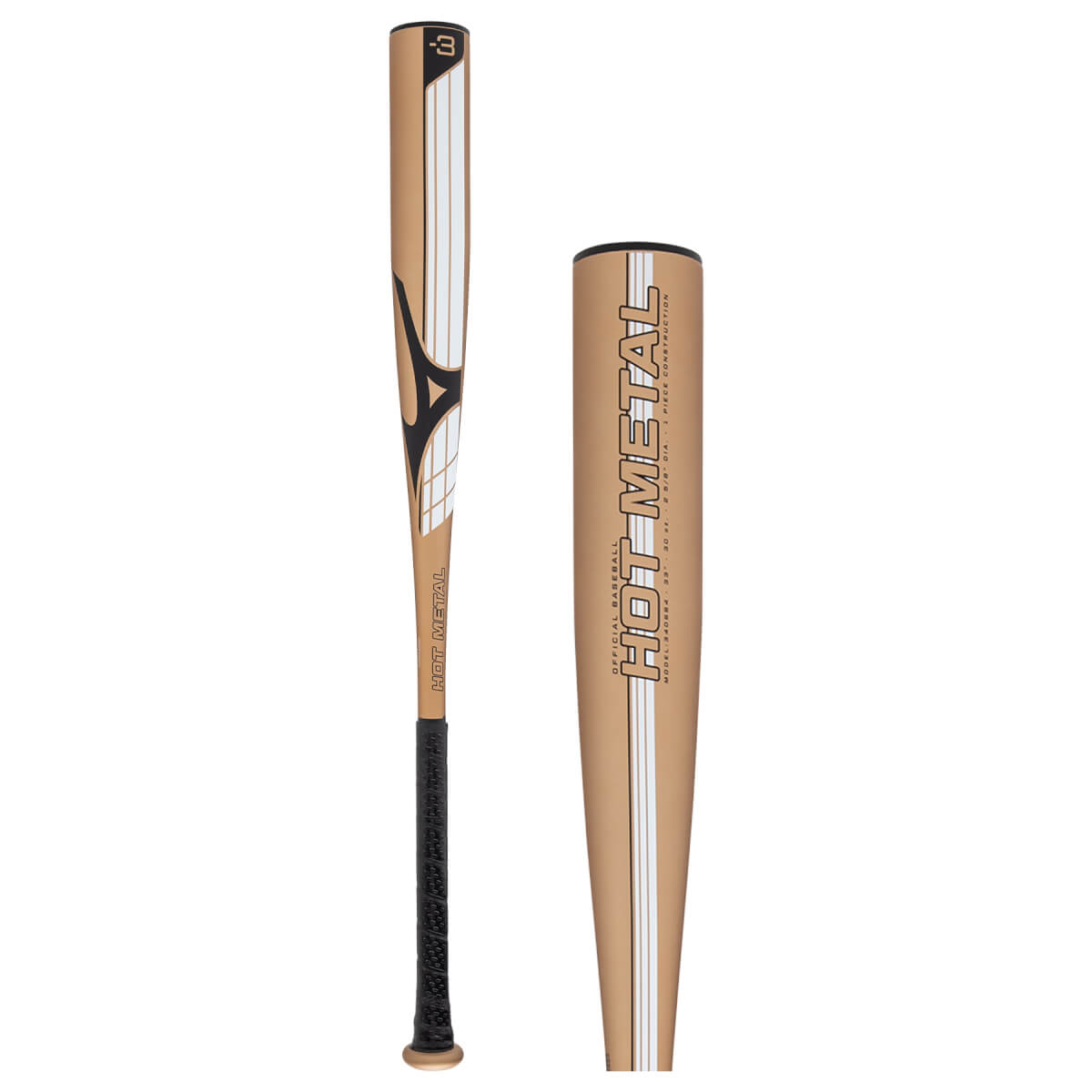 Side view of a bronze baseball bat with white stripes, black grip, and a close-up of the barrel showing HOT METAL text.