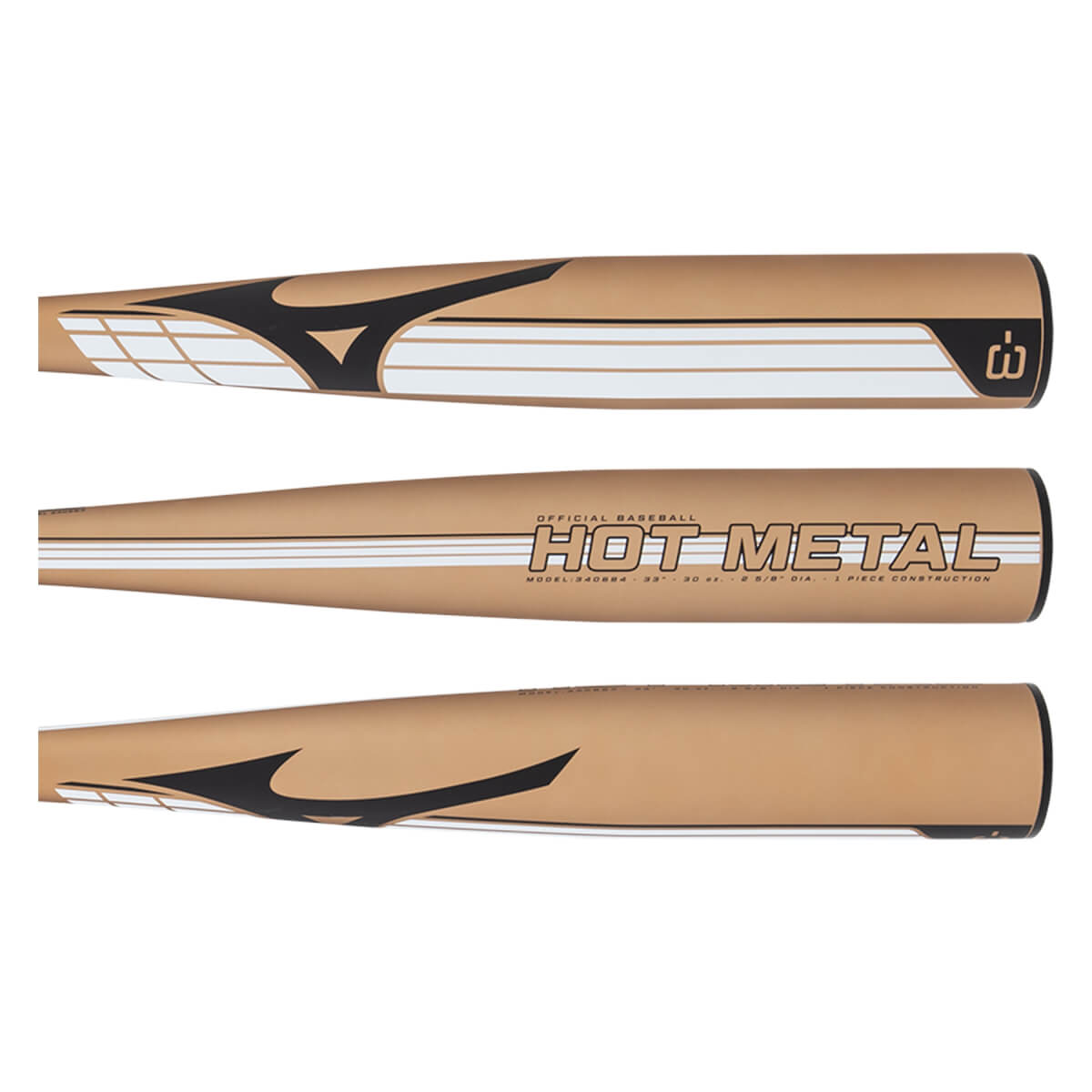 Side view of a tan baseball bat with black and white Mizuno branding and HOT METAL printed on the barrel.
