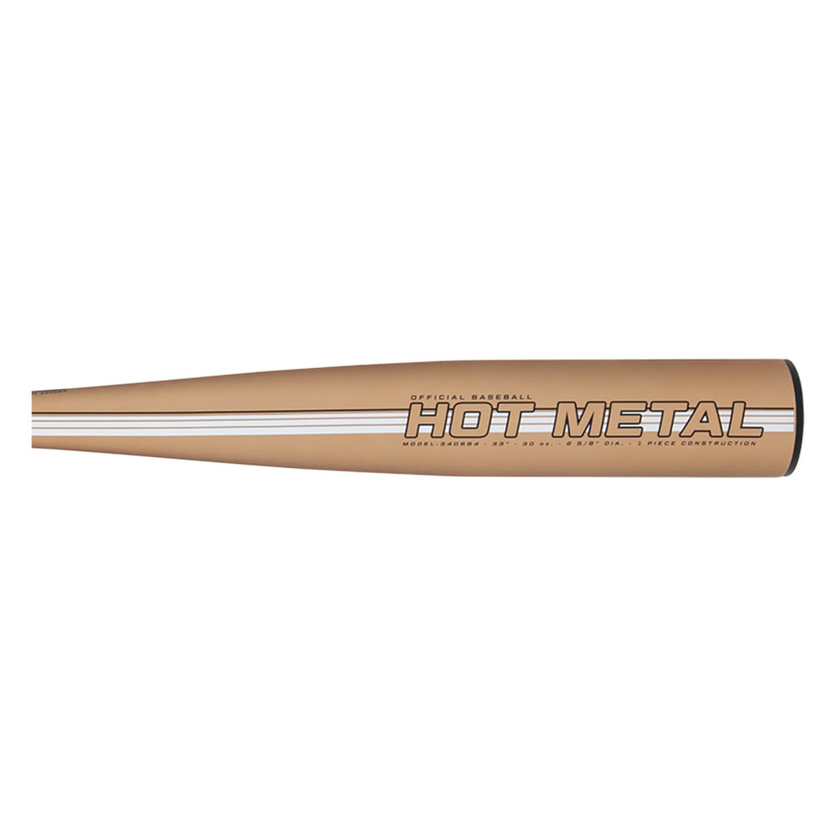 Side view of a tan baseball bat with HOT METAL branding, white stripes, and a black end cap.