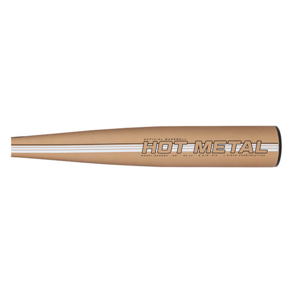 Side view of a tan baseball bat with HOT METAL branding, white stripes, and a black end cap.