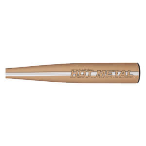 Side view of a tan baseball bat with HOT METAL branding, white stripes, and a black end cap.