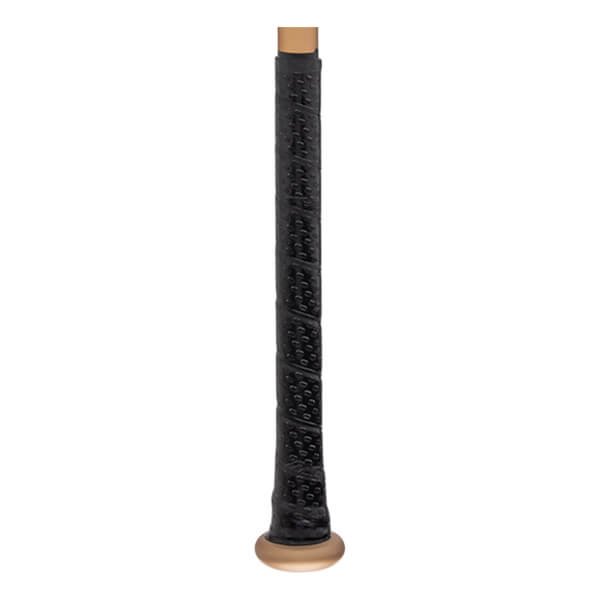 Close-up of a black baseball bat grip with a textured spiral pattern and bronze knob.