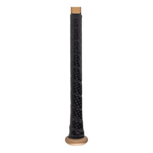 Close-up of a black baseball bat grip with a textured spiral pattern and bronze knob.