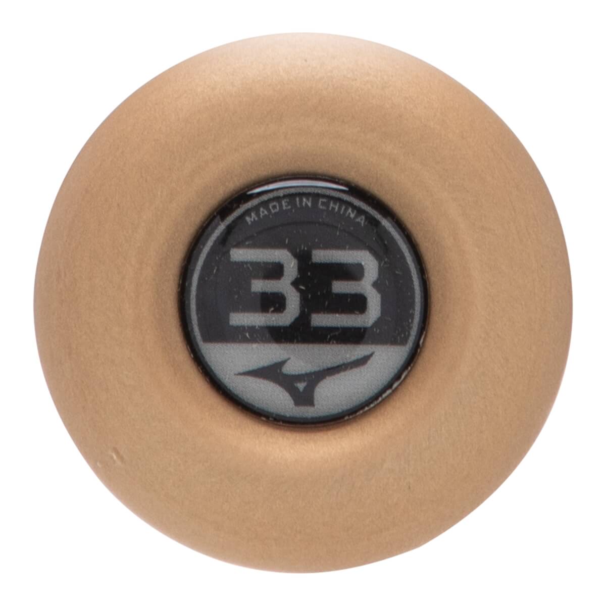 Top-down view of a tan baseball bat end cap with a black insert featuring 33, Mizuno logo, and MADE IN CHINA.