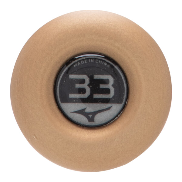 Top-down view of a tan baseball bat end cap with a black insert featuring 33, Mizuno logo, and MADE IN CHINA.