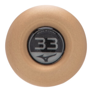 Top-down view of a tan baseball bat end cap with a black insert featuring 33, Mizuno logo, and MADE IN CHINA.