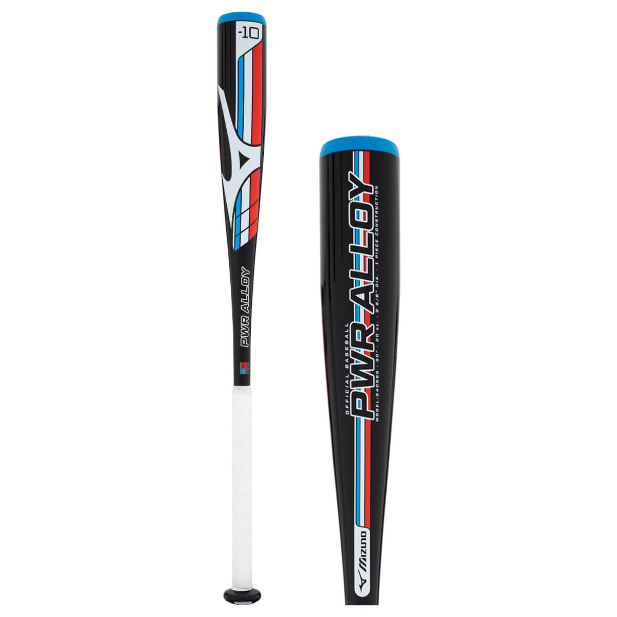 Two views of a black baseball bat with blue/red stripes, a white grip, and PWR ALLOY text.