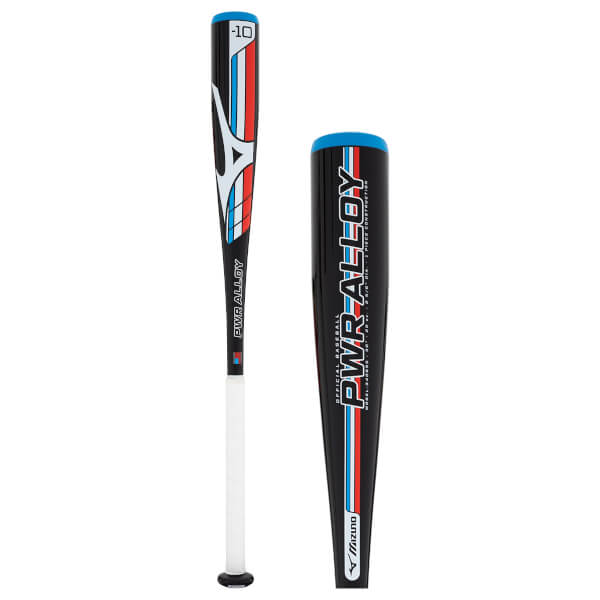 Two views of a black baseball bat with blue/red stripes, a white grip, and PWR ALLOY text.