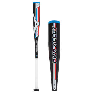 Two views of a black baseball bat with blue/red stripes, a white grip, and PWR ALLOY text.