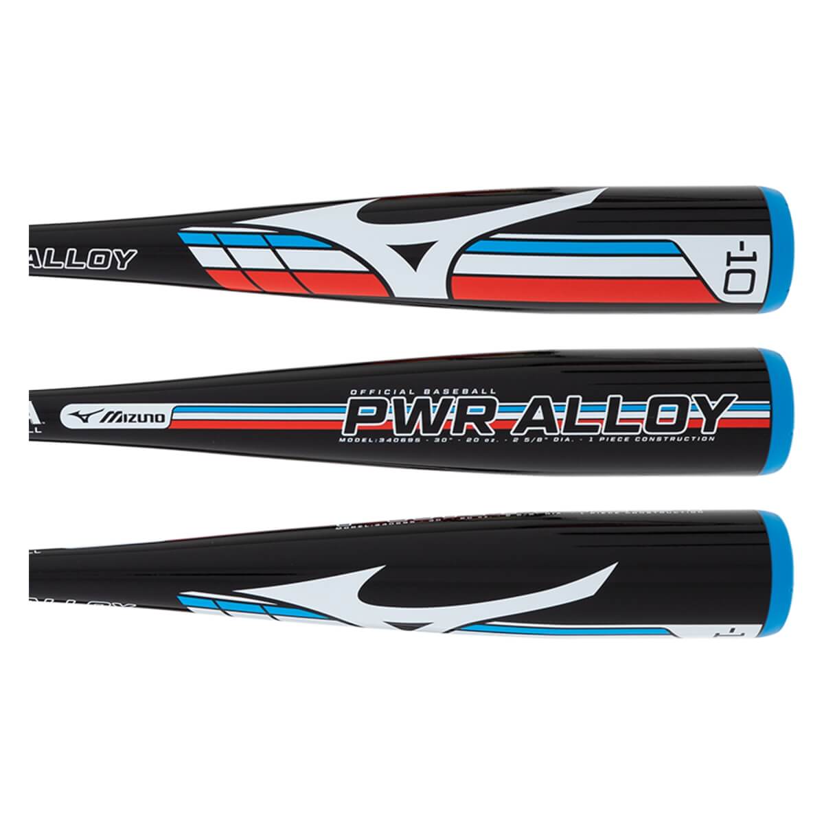 Multiple views of a black baseball bat with white, red, and blue graphics, and PWR ALLOY branding.