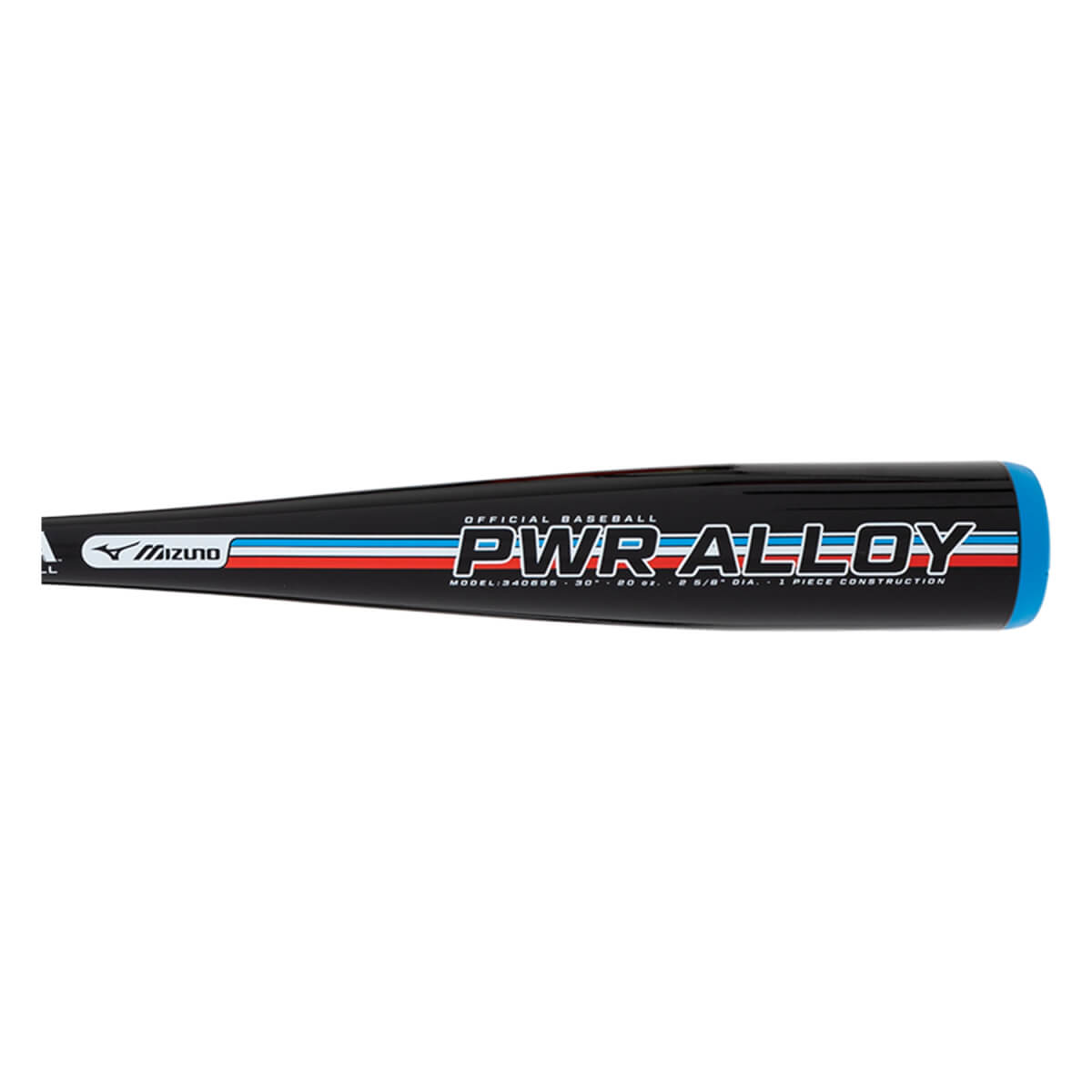 Side view of a black baseball bat with white PWR ALLOY text, Mizuno logo, and blue, red, and white stripes.