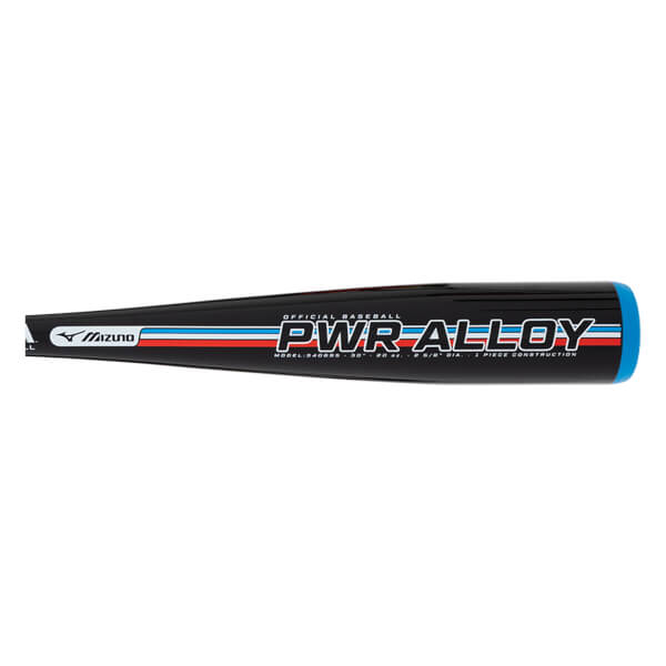 Side view of a black baseball bat with white PWR ALLOY text, Mizuno logo, and blue, red, and white stripes.