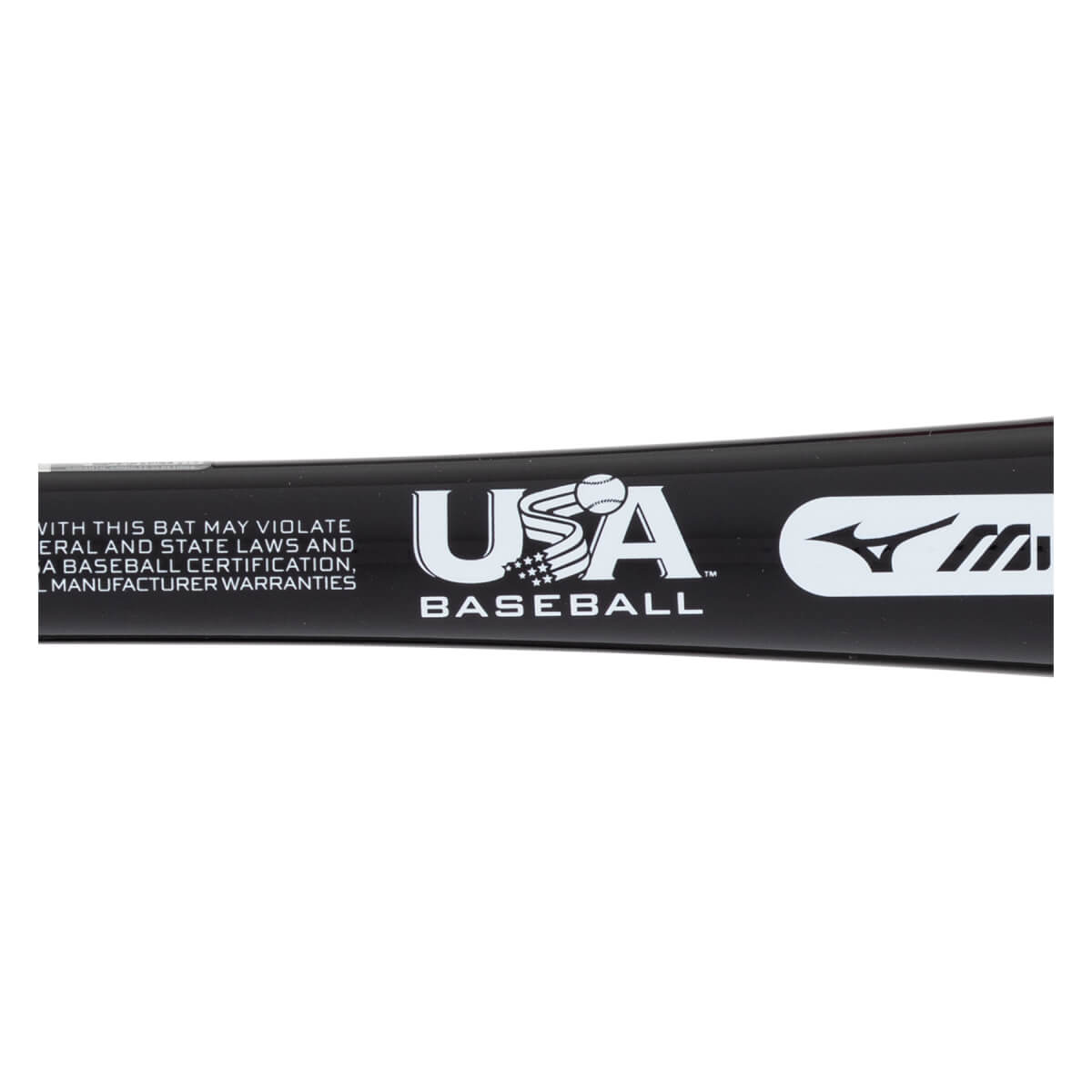Close-up of a black baseball bat with a USA BASEBALL logo, Mizuno logo, and warning text.
