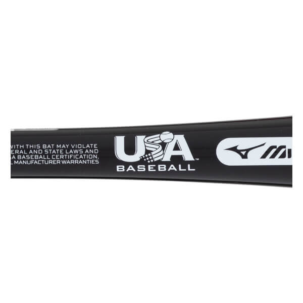 Close-up of a black baseball bat with a USA BASEBALL logo, Mizuno logo, and warning text.