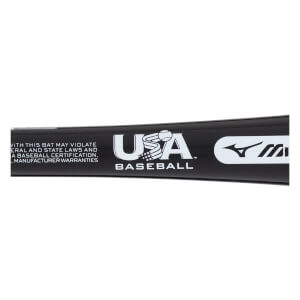 Close-up of a black baseball bat with a USA BASEBALL logo, Mizuno logo, and warning text.