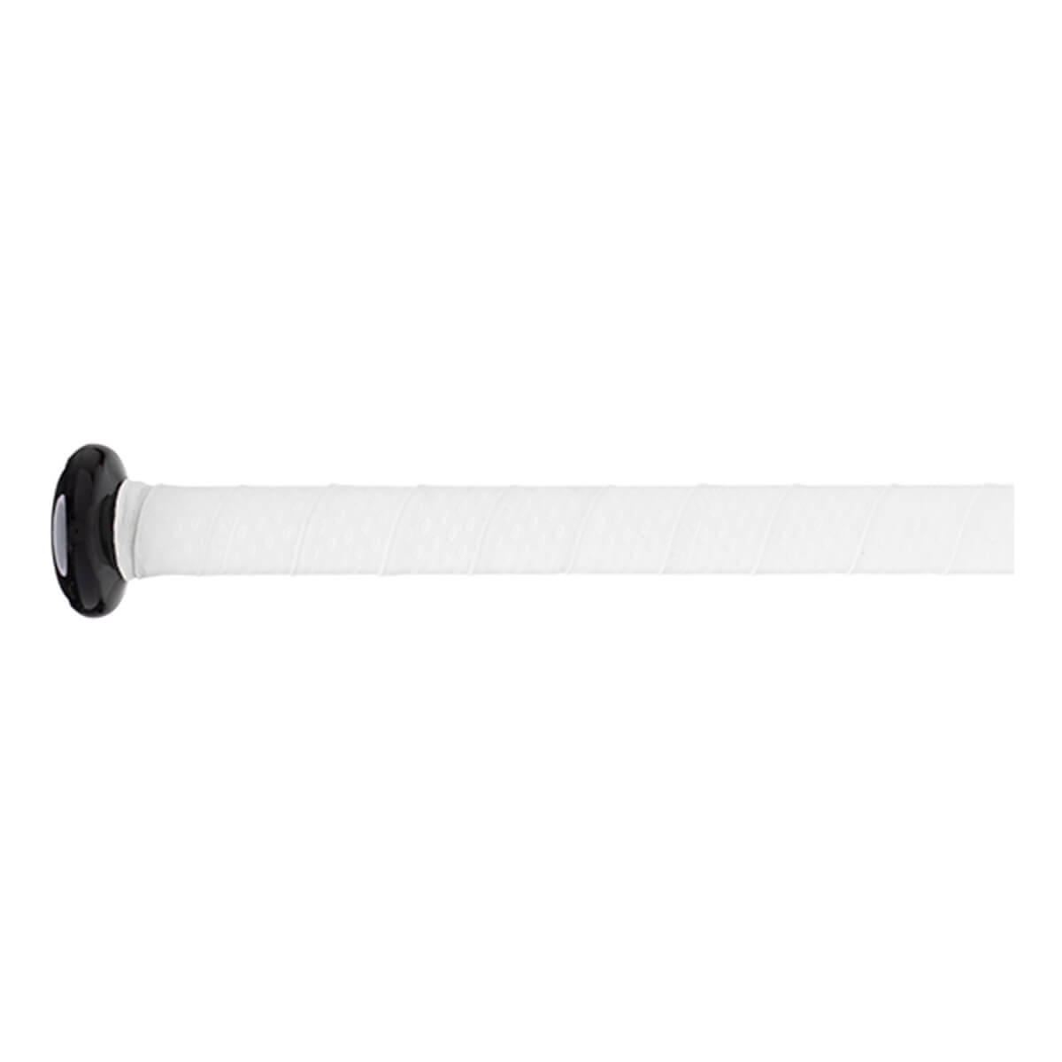 Side view of a black and white baseball bat handle with a black knob and white textured grip.