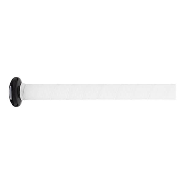 Side view of a black and white baseball bat handle with a black knob and white textured grip.