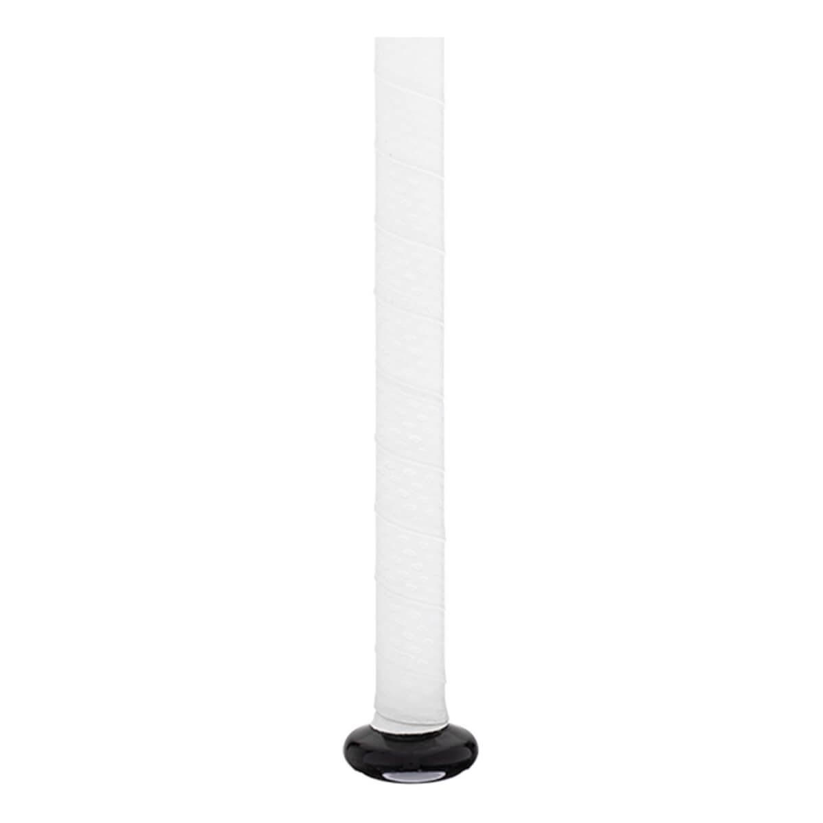 Close-up of a white baseball bat grip with spiraled texture and a black rounded knob.